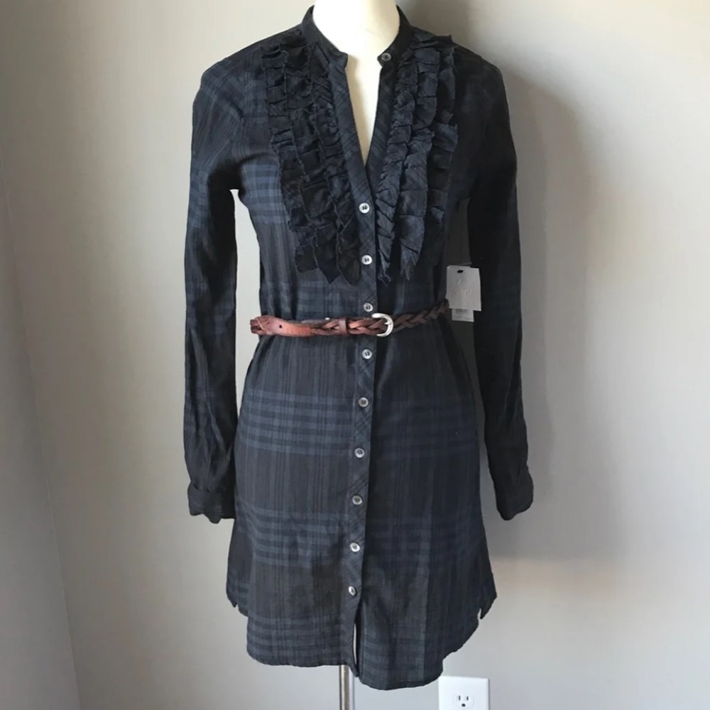 Joie Navy Black Plaid V-neck, Ruffles